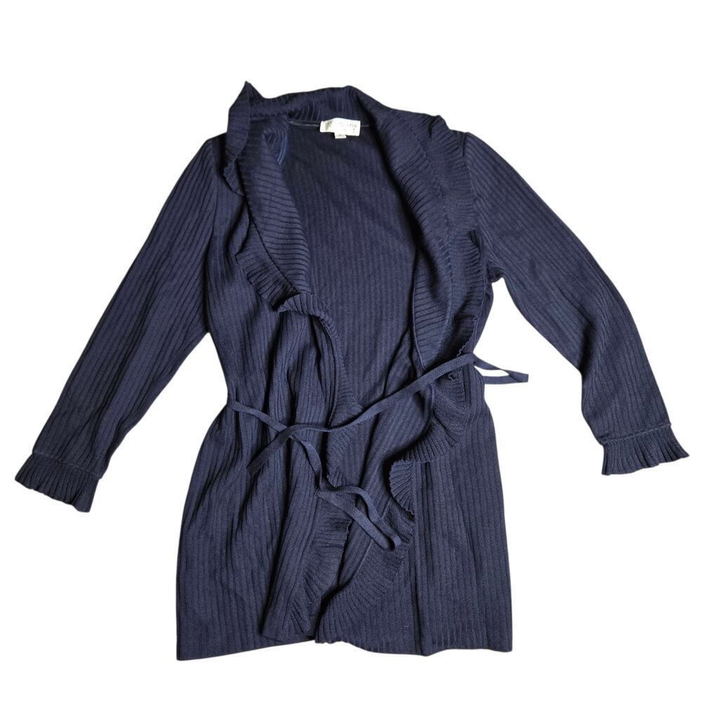 St.John Navy Blue Kelly‎ Ruffle Knit Midi Cardigan Size: 14